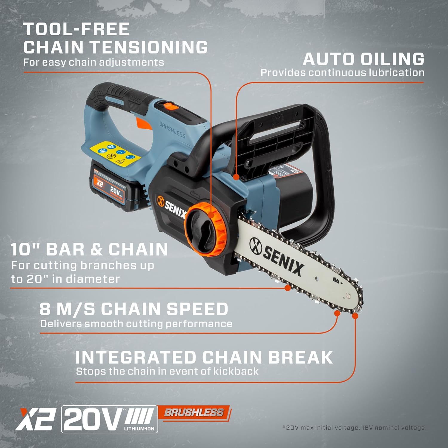 SENIX X2 20 Volt Max Cordless Chainsaw with 10-inch Bar and Chain for Limbs and Small Branches, Lightweight, Rear Handle, Includes 2.5 Ah Li-Ion Battery and Charger (CSX2-M)1