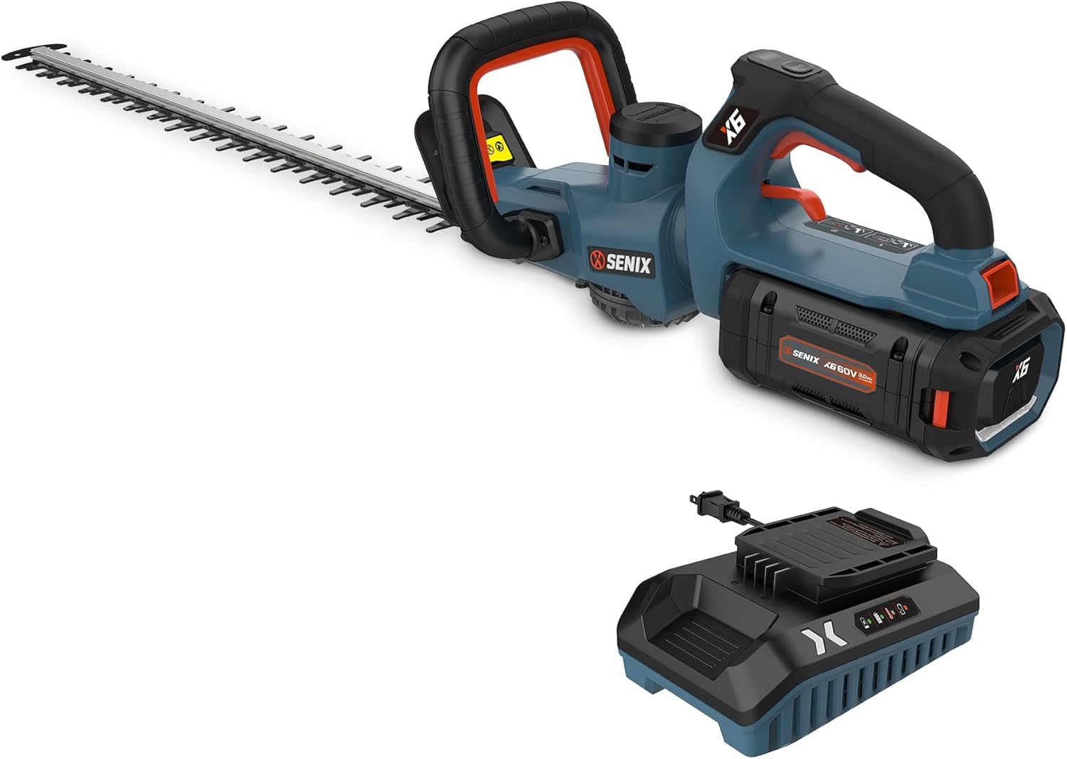 SENIX X6 60V Max Battery Powered 26 Cordless Hedge Trimmer with Brushless Motor, Double-Sided Dual Action Blades, 1-1 4 Cutting Capacity, 3.0 Ah Lithium-ion Battery & Charger Included (HTX6-M1) SENIX X6 60V Max* Battery Powered 26" Cordless Hedge Trimmer with Brushless Motor, Double-Sided Dual Action Blades, 1-1/4" Cutting Capacity, 3.0 Ah Lithium-ion Battery & Charger Included (HTX6-M1)