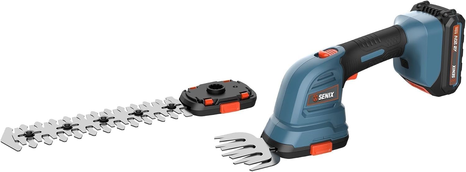 Senix X2 20 Volt Max 2-in-1 Cordless Hedge Trimmer and Grass Shear with Interchangeable 4-Inch and 8-Inch Blades, Includes 2.0 Ah Battery and Charger (GSX2-M) Senix X2 20 Volt Max* 2-in-1 Cordless Hedge Trimmer and Grass Shear with Interchangeable 4-Inch and 8-Inch Blades, Includes 2.0 Ah Battery and Charger (GSX2-M)