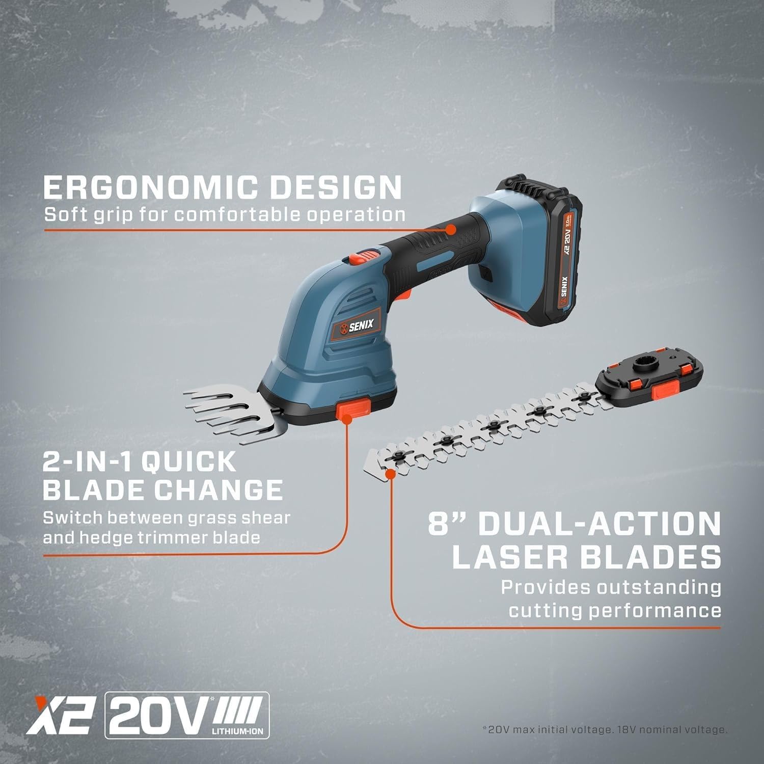 Senix X2 20 Volt Max 2-in-1 Cordless Hedge Trimmer and Grass Shear with Interchangeable 4-Inch and 8-Inch Blades, Includes 2.0 Ah Battery and Charger (GSX2-M)3