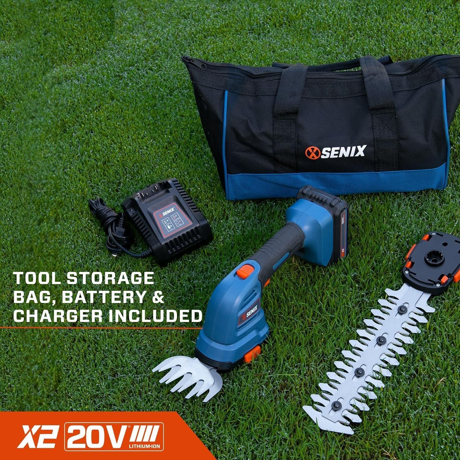 Senix X2 20 Volt Max 2-in-1 Cordless Hedge Trimmer and Grass Shear with Interchangeable 4-Inch and 8-Inch Blades, Includes 2.0 Ah Battery and Charger (GSX2-M)7