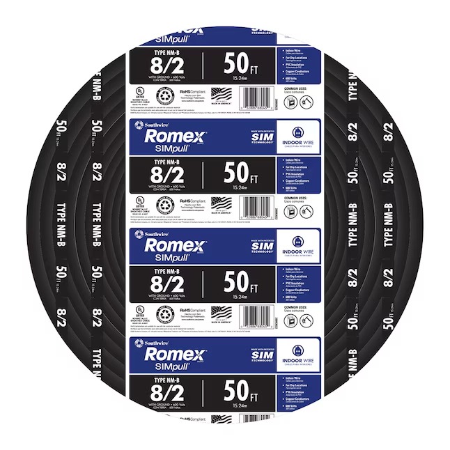 Southwire 28893622 50-Feet 8 2 Romex SIMpull Stranded Indoor CU NM-B W G Individual pack ( By-the-roll )_11zon Southwire 28893622 50-Feet 8 / 2 / Romex SIMpull Stranded Indoor CU NM-B W/G Individual pack ( By-the-roll )