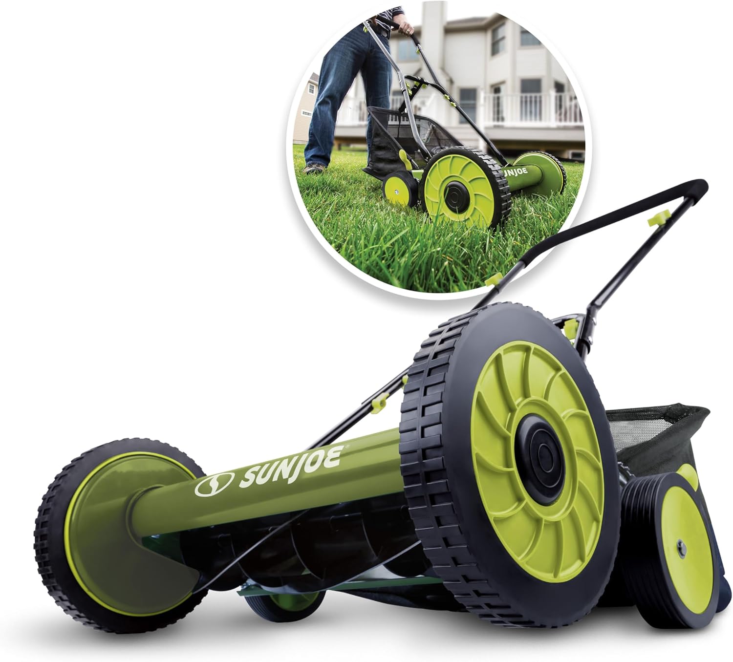Sun Joe MJ501M w 7-Gallon Detachable Grass Catcher, 9-Position Height Adjustment, 5 Steel Blades, Compact Design, 18-Inch Manual, Green Black Sun Joe MJ501M w/ 7-Gallon Detachable Grass Catcher, 9-Position Height Adjustment, 5 Steel Blades, Compact Design, 18-Inch Manual, Green/Black