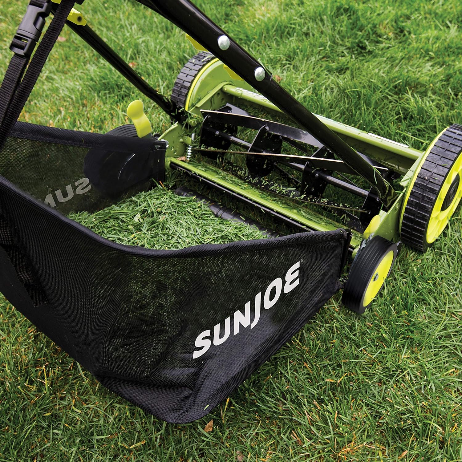 Sun Joe MJ501M w 7-Gallon Detachable Grass Catcher, 9-Position Height Adjustment, 5 Steel Blades, Compact Design, 18-Inch Manual, Green Black11