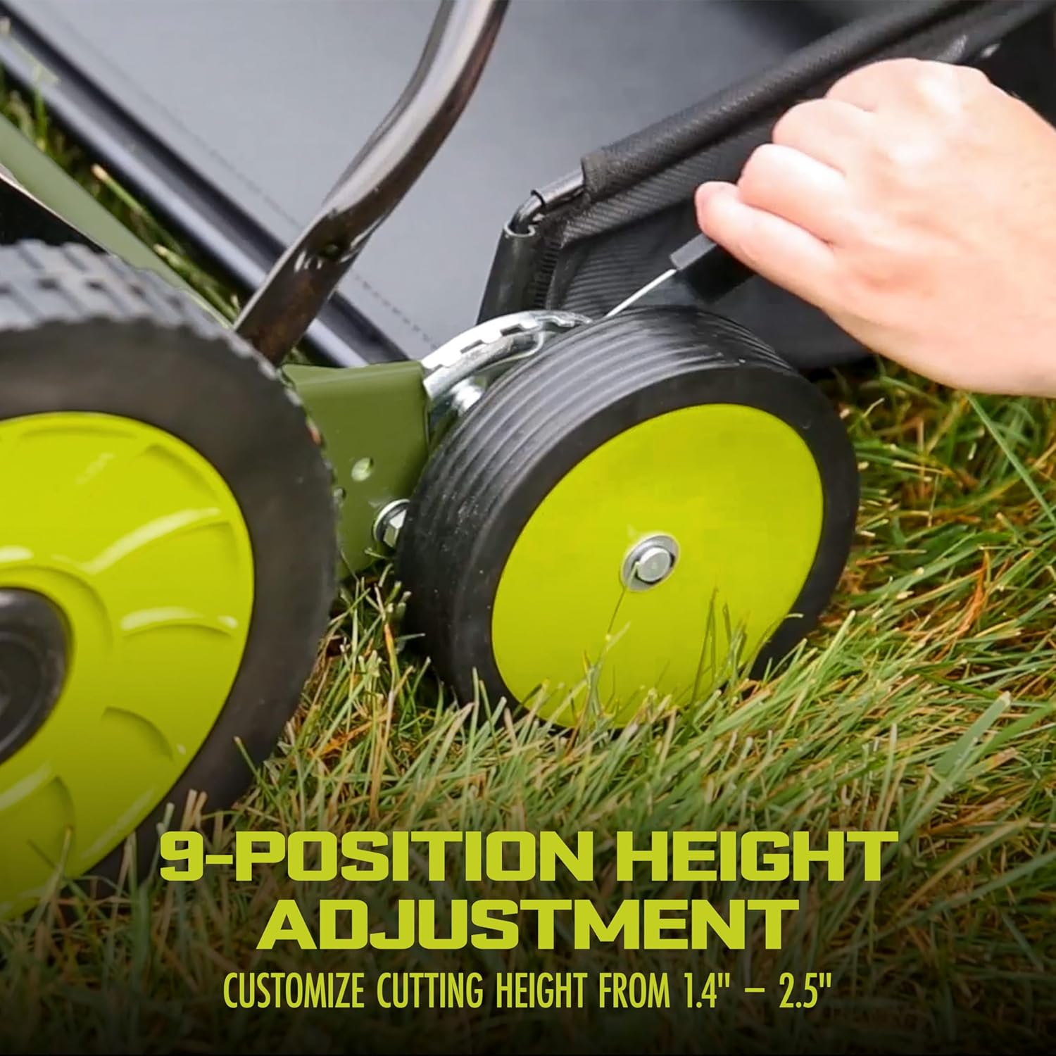 Sun Joe MJ501M w 7-Gallon Detachable Grass Catcher, 9-Position Height Adjustment, 5 Steel Blades, Compact Design, 18-Inch Manual, Green Black3