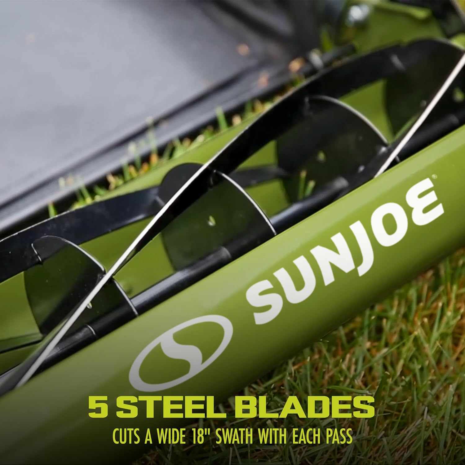 Sun Joe MJ501M w 7-Gallon Detachable Grass Catcher, 9-Position Height Adjustment, 5 Steel Blades, Compact Design, 18-Inch Manual, Green Black6