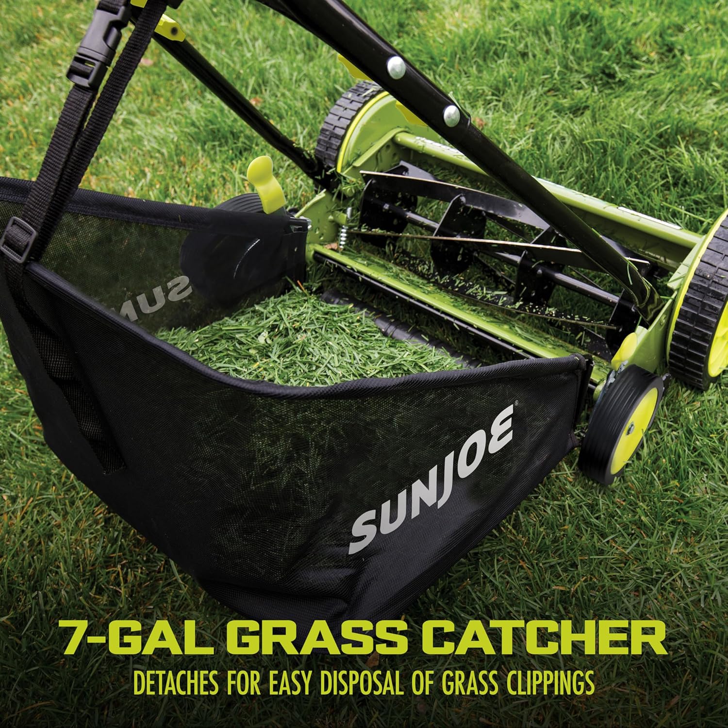Sun Joe MJ501M w 7-Gallon Detachable Grass Catcher, 9-Position Height Adjustment, 5 Steel Blades, Compact Design, 18-Inch Manual, Green Black7