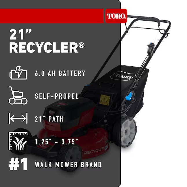 Toro 21327 Recycler 60-volt 21-in Cordless Self-propelled Lawn Mower 6 Ah (1-Battery and Charger Included)1_11zon