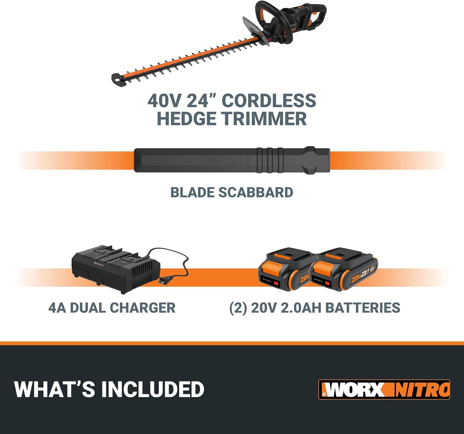 WORX Nitro 24 Cordless Hedge Trimmer 40V, Shrub Cutter with Fast Dual-Action Blades 3400 SPM, Brushless PowerShare Electric Hedge Clippers with 180° Rotating Handle WG286 –Battery & Charger Included11