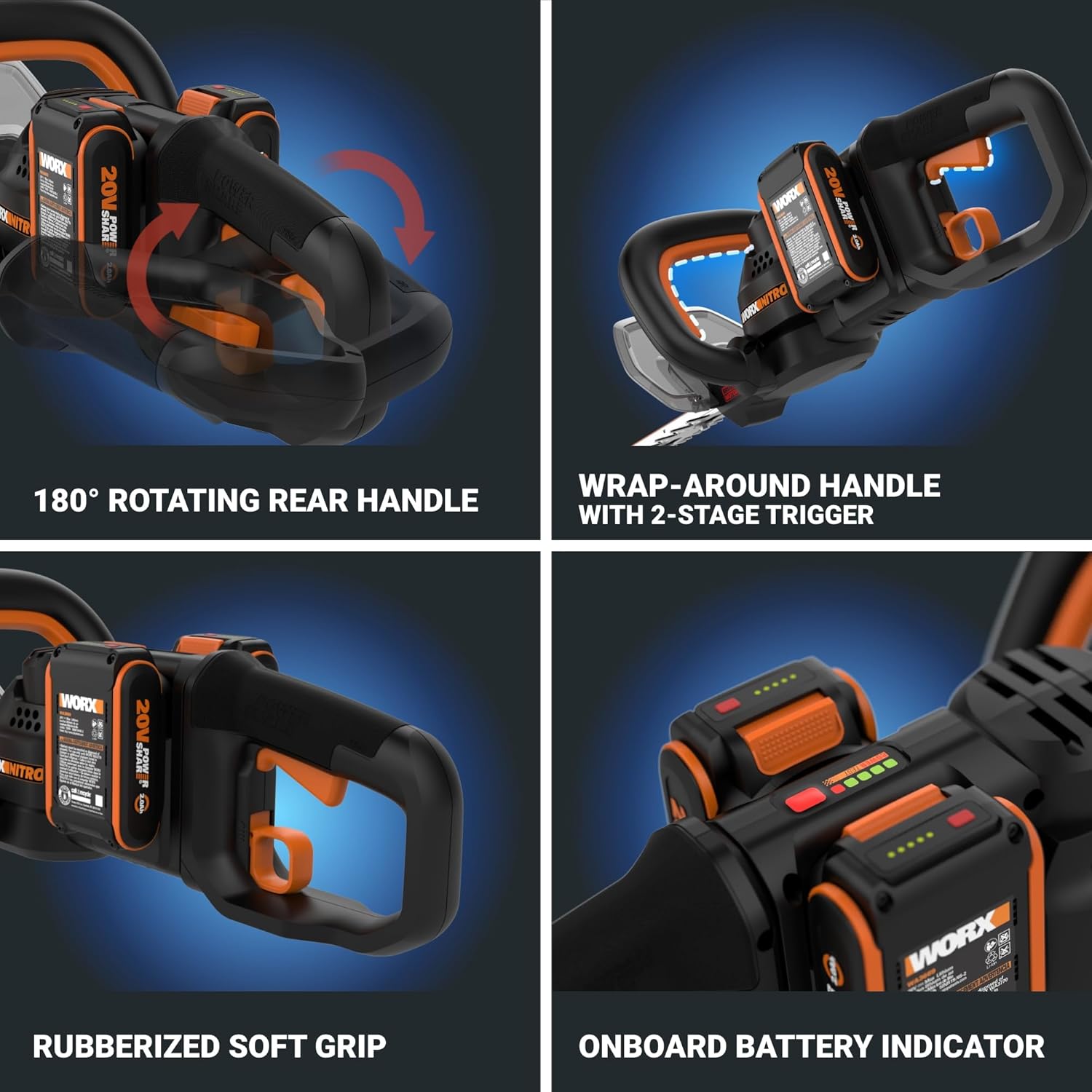 WORX Nitro 24 Cordless Hedge Trimmer 40V, Shrub Cutter with Fast Dual-Action Blades 3400 SPM, Brushless PowerShare Electric Hedge Clippers with 180° Rotating Handle WG286 –Battery & Charger Included8