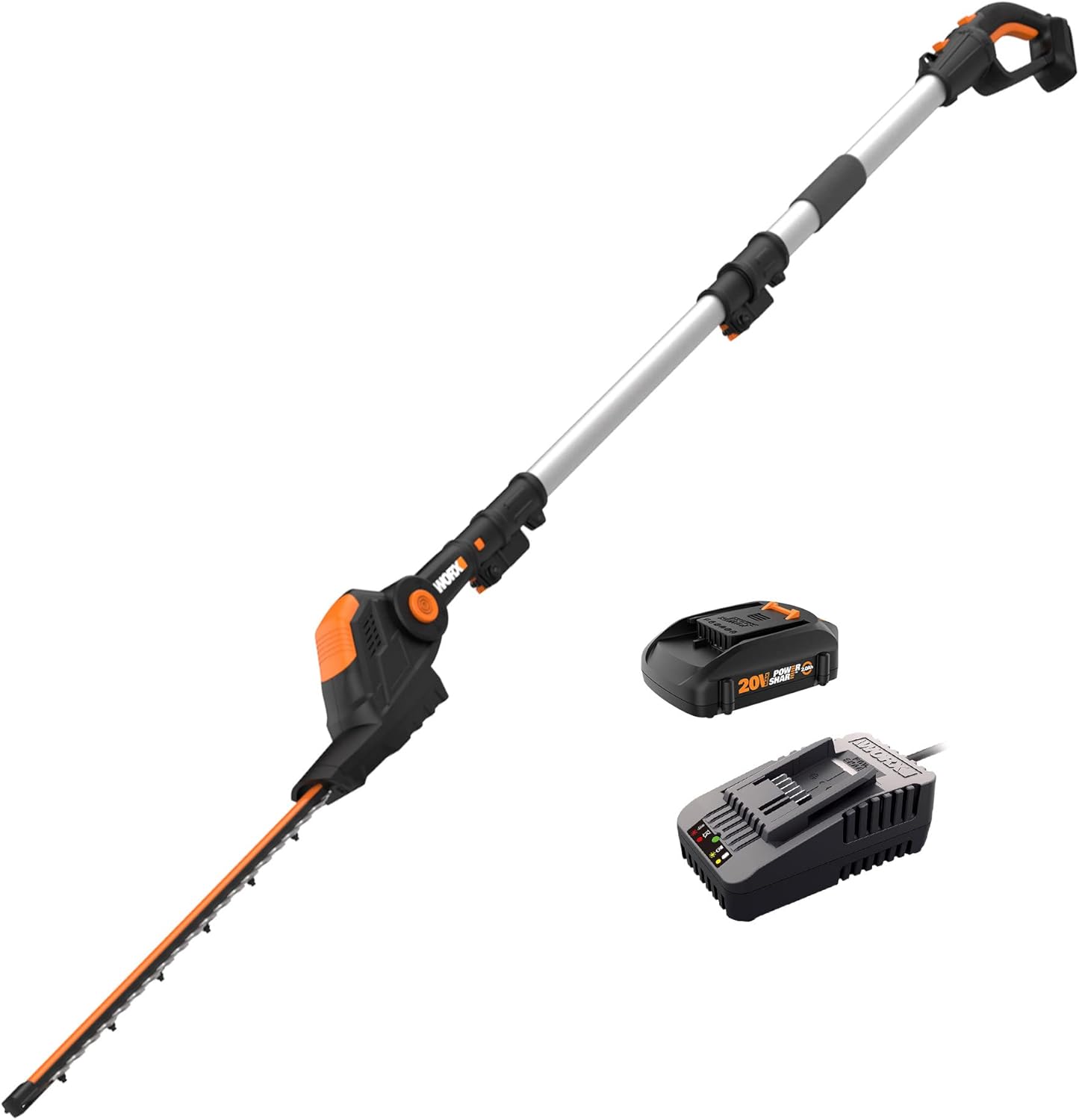 WORX WG252 20V 20 Cordless Hedge Trimmer, Reach Up to 12 Feet, Extended Pole, 180° Rotation Head, PowerShare – Battery & Charger Included WORX WG252 20V 20" Cordless Hedge Trimmer, Reach Up to 12 Feet, Extended Pole, 180° Rotation Head, PowerShare – Battery & Charger Included