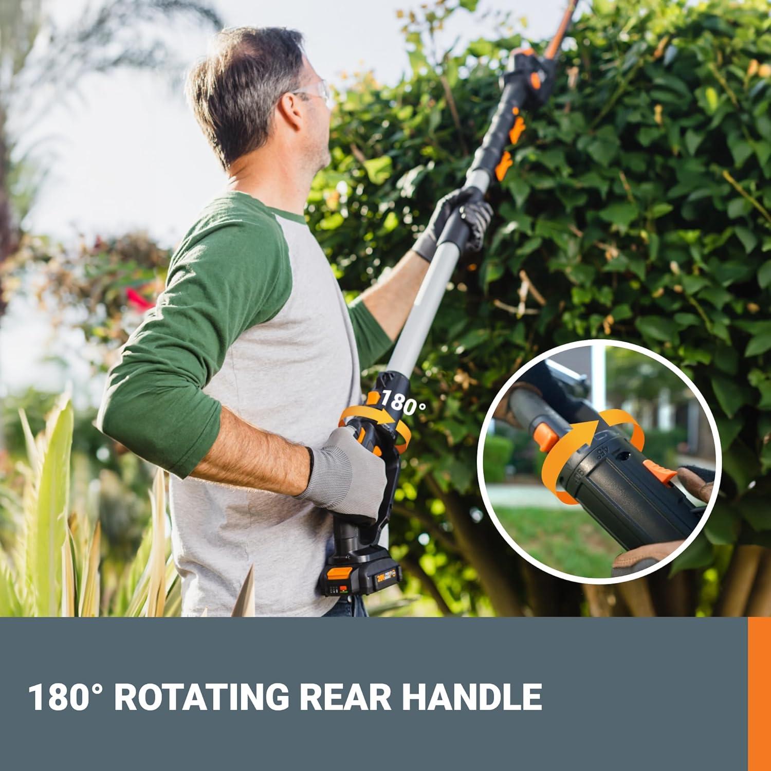 WORX WG252 20V 20 Cordless Hedge Trimmer, Reach Up to 12 Feet, Extended Pole, 180° Rotation Head, PowerShare – Battery & Charger Included1