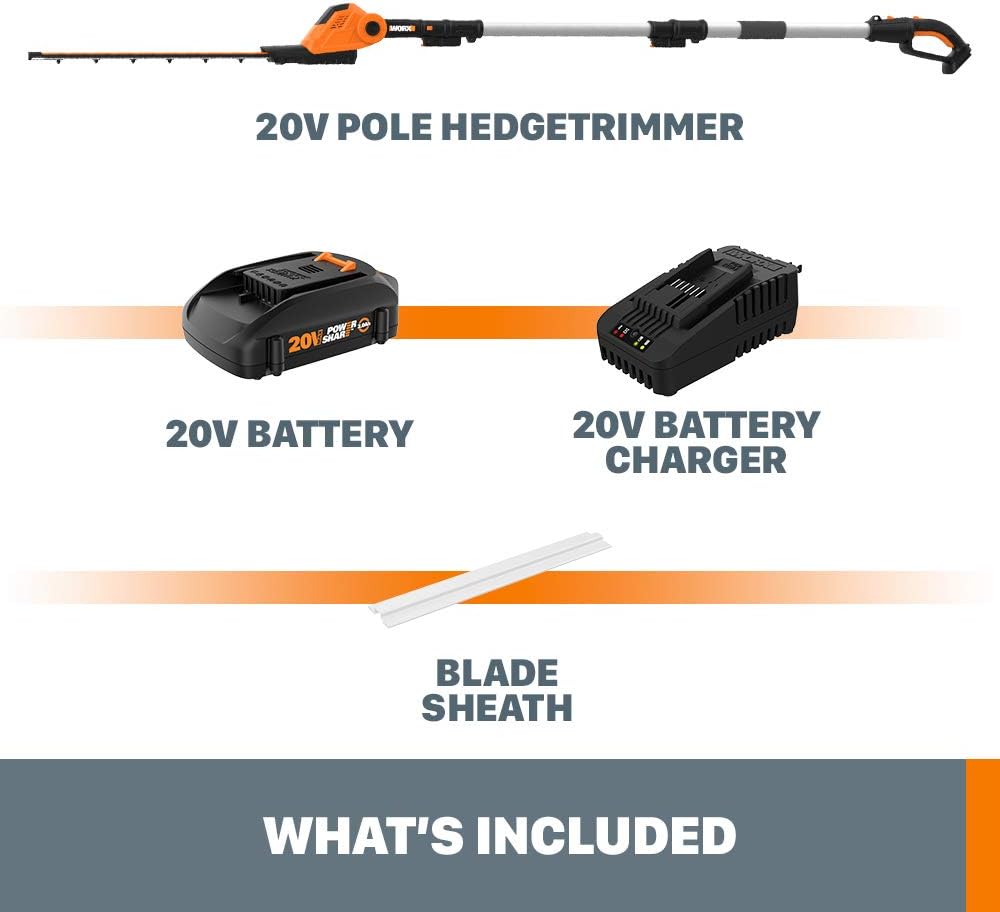 WORX WG252 20V 20 Cordless Hedge Trimmer, Reach Up to 12 Feet, Extended Pole, 180° Rotation Head, PowerShare – Battery & Charger Included145