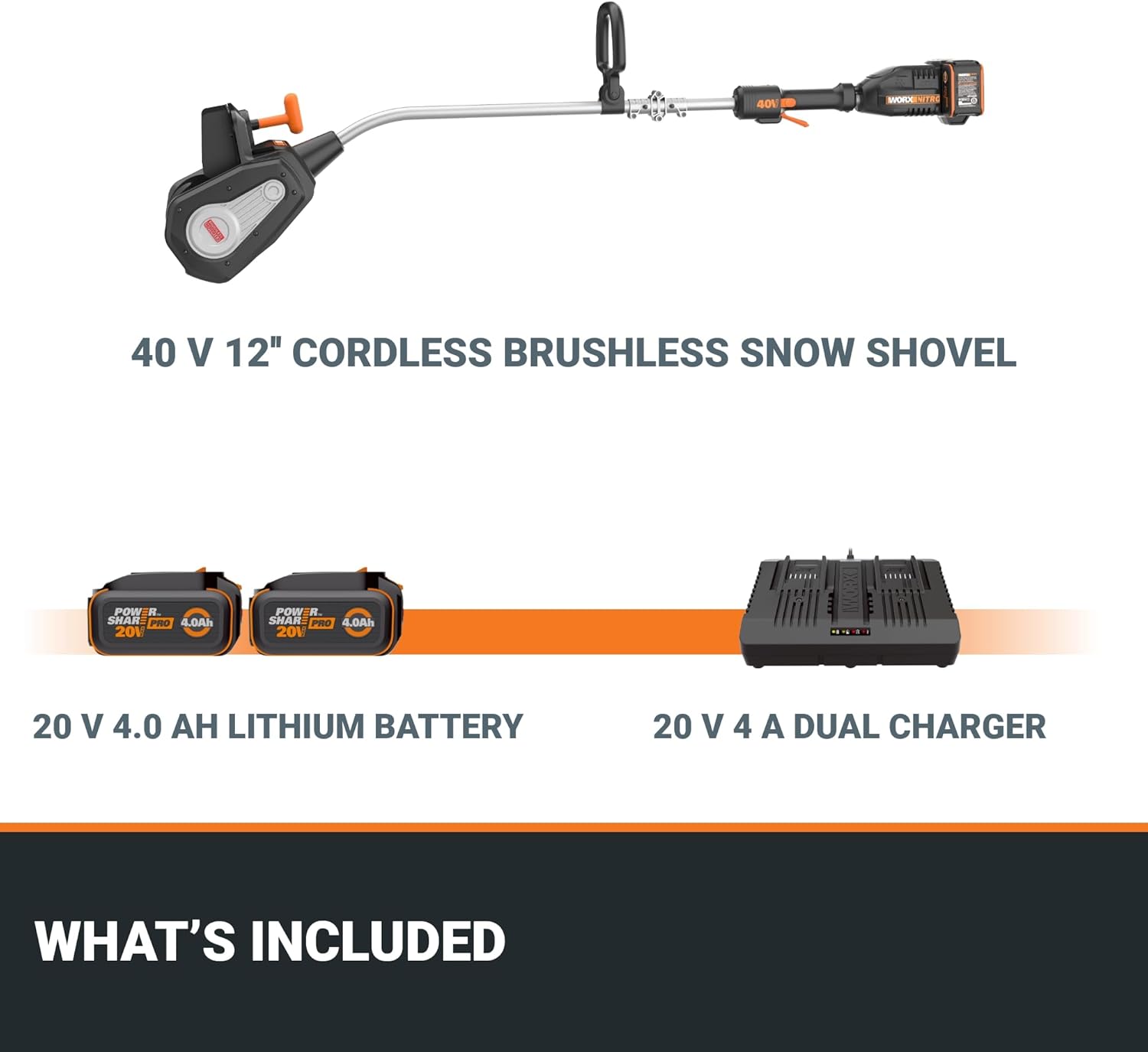 WORX WG460 Nitro 40V 12'' Electric Snow Shovel, 4-Car Driveway Cordless Snow Thrower, 2 Speeds Brushless Motor0
