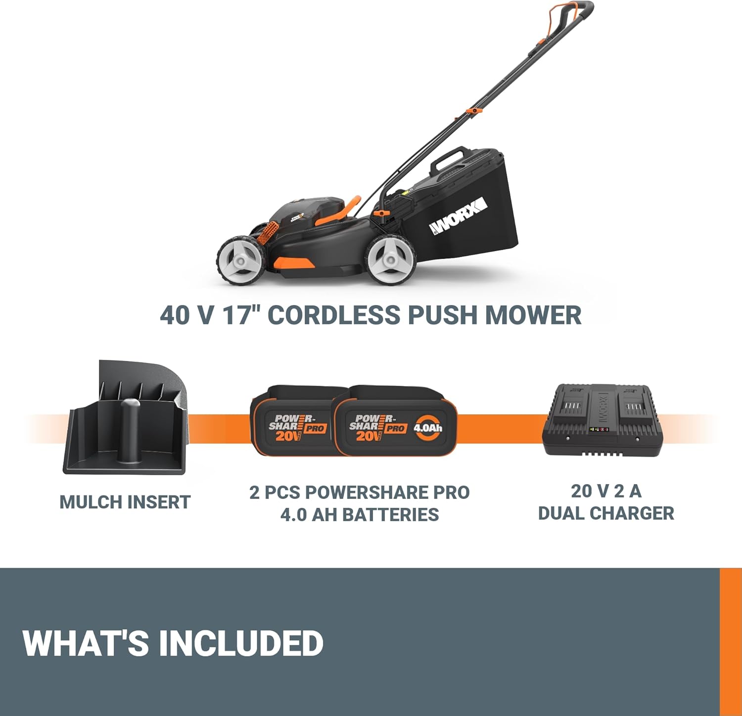 WORX WG743 40V 17 Cordless Lawn Mower for Small Yards, 2-in-1 Battery Lawn Mower Cuts Quiet, Compact & Lightweight Push Lawn Mower with 7-Position Height Adjustment – 2 Batteries & Charger Included9