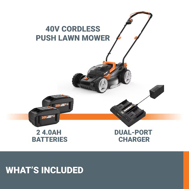 WORX WG779.1 Power Share 40-volt 14-in Cordless Push Lawn Mower 4 Ah Bagger Sold Separately (2-Batteries and Charger Included)09_11zon