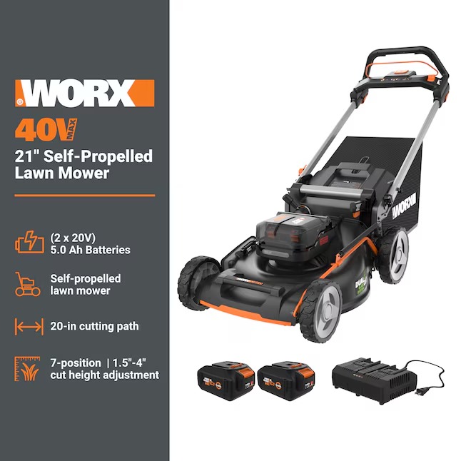WORX WP773 40-volt 21-in Cordless Self-propelled Lawn Mower 5 Ah (2-Batteries and Charger Included)1_11zon