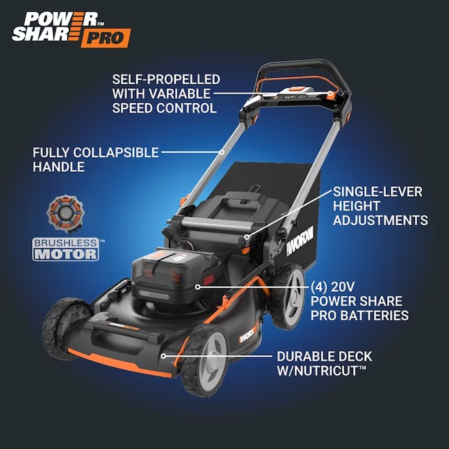 WORX WP773 40-volt 21-in Cordless Self-propelled Lawn Mower 5 Ah (2-Batteries and Charger Included)3_11zon