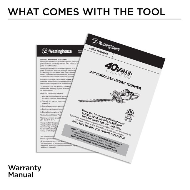 Westinghouse 4HT 40VMAX+ 40-volt Max 24-in Battery Hedge Trimmer 4 Ah (Battery and Charger Not Included)9_11zon
