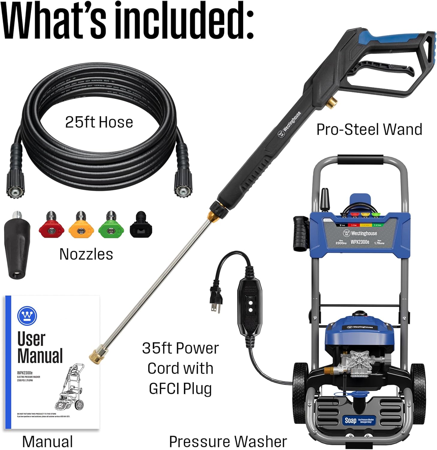Westinghouse WPX2300e Electric Pressure Washer, 2300 Max PSI and 1.76 Max GPM, Induction Motor, Onboard Soap Tank, Spray Gun and Wand, 5 Nozzle Set1