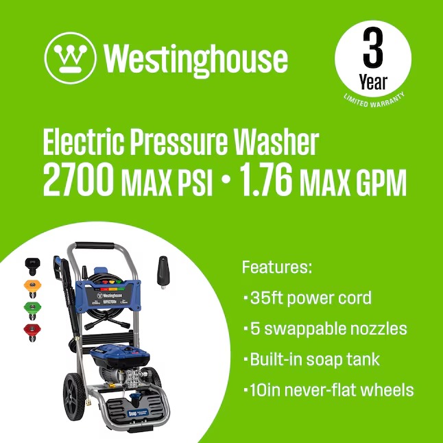Westinghouse WPX2700e Includes 4 Nozzles + Turbo Nozzle 2700-PSI 1.76-GPM Cold Water Electric Pressure washer with 5 Spray Tips3_11zon