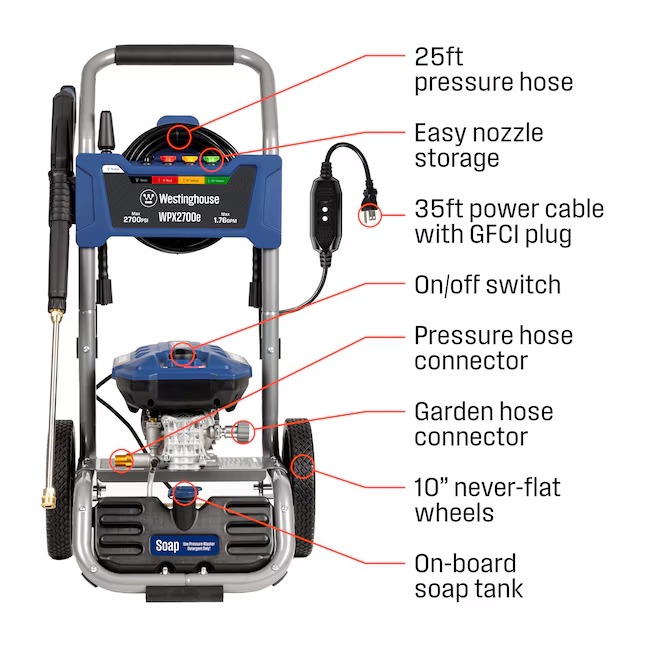 Westinghouse WPX2700e Includes 4 Nozzles + Turbo Nozzle 2700-PSI 1.76-GPM Cold Water Electric Pressure washer with 5 Spray Tips4_11zon