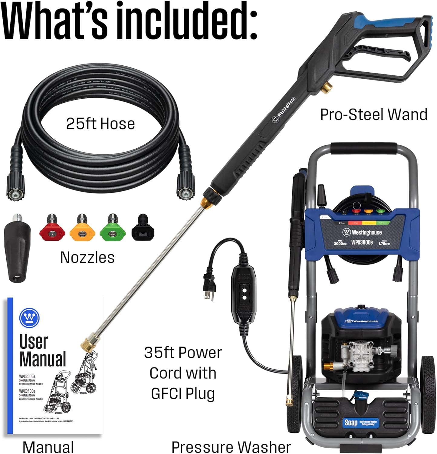 Westinghouse WPX3000e Electric Pressure Washer, 3000 Max PSI and 1.76 Max GPM, Induction Motor, Onboard Soap Tank, Spray Gun and Wand, 5 Nozzle Set1