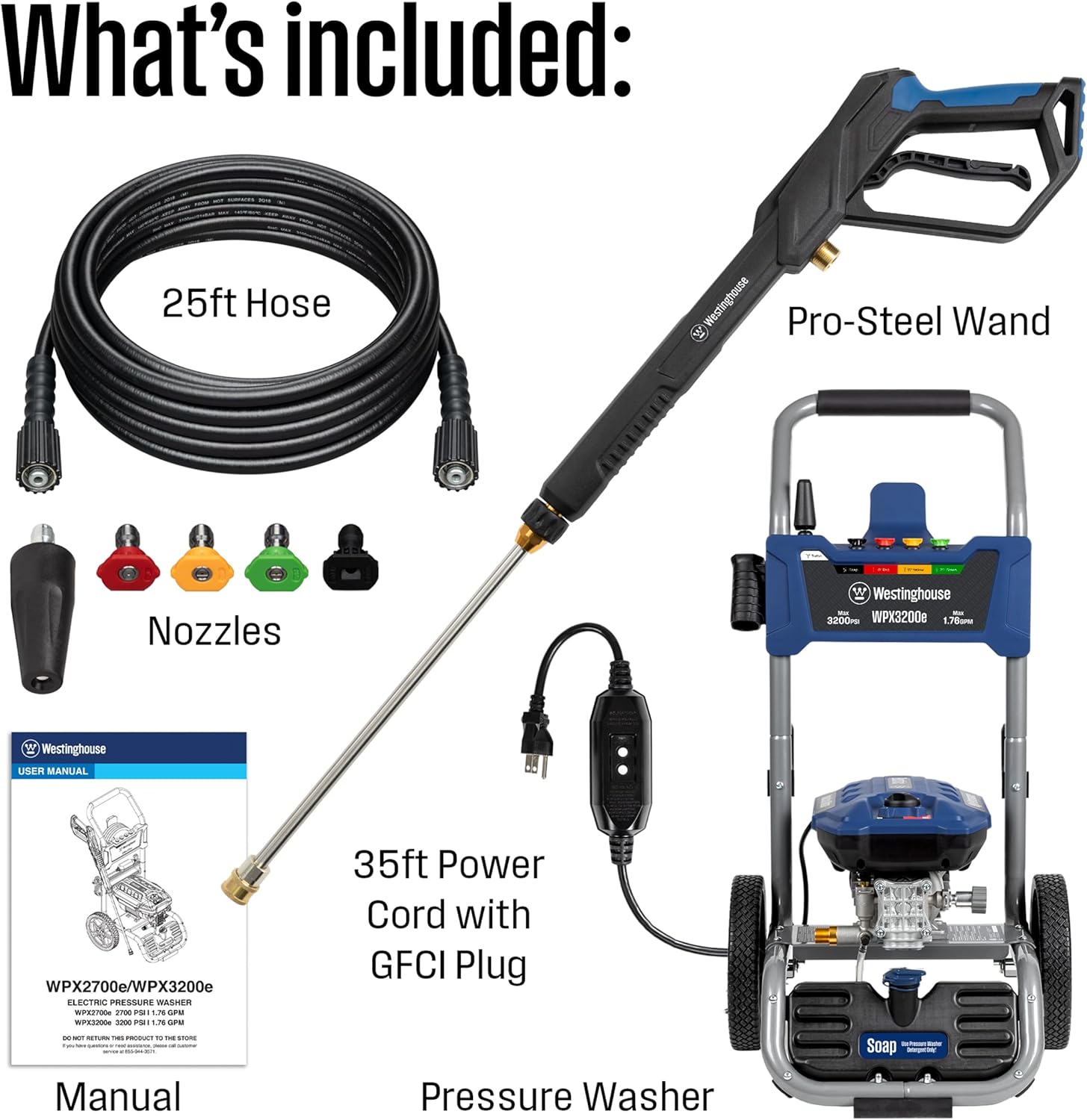 Westinghouse WPX3200e Electric Pressure Washer, 3200 PSI and 1.76 Max GPM, Induction Motor, Onboard Soap Tank, Spray Gun and Wand, 5 Nozzle Set`