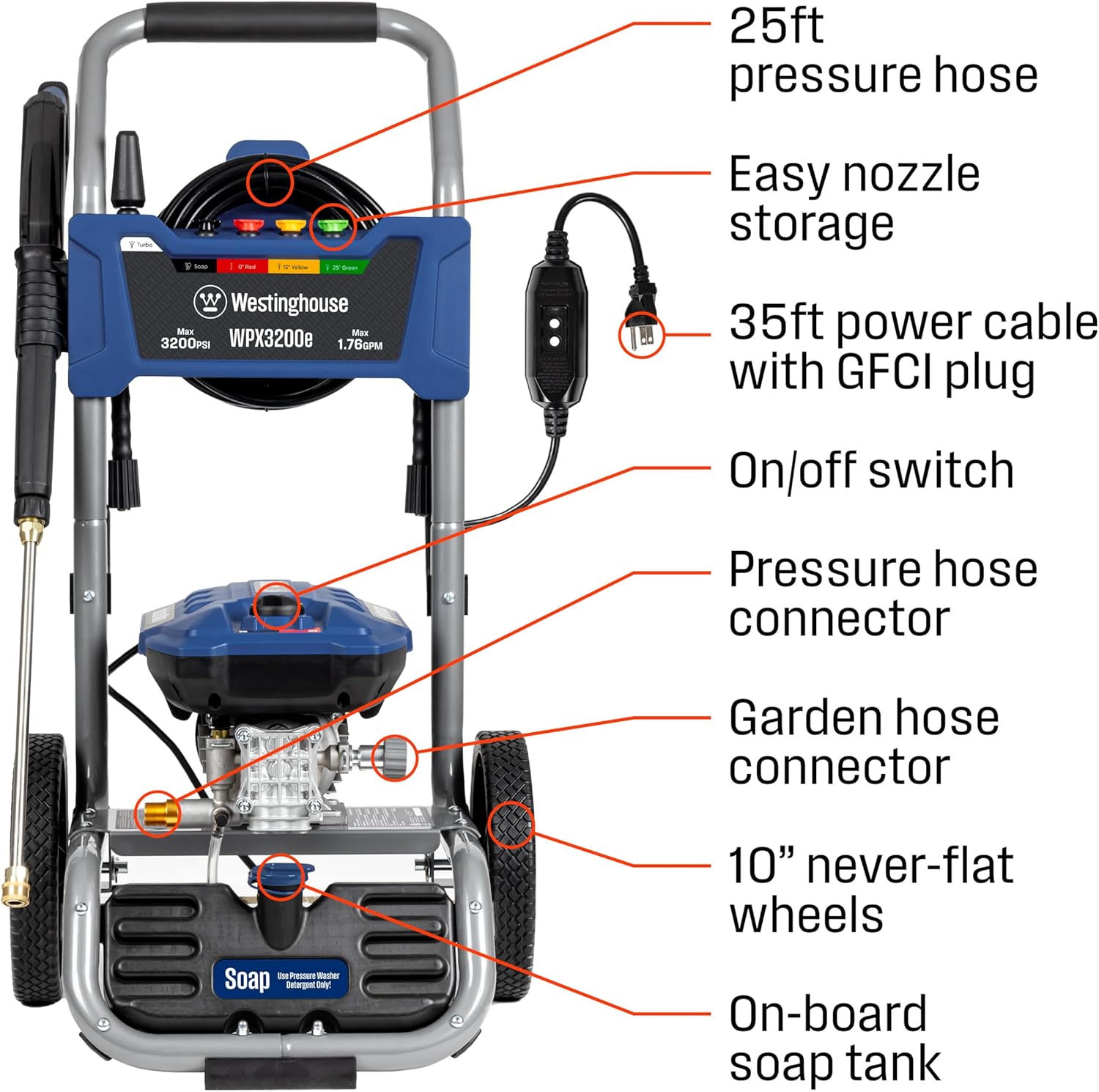 Westinghouse WPX3200e Electric Pressure Washer, 3200 PSI and 1.76 Max GPM, Induction Motor, Onboard Soap Tank, Spray Gun and Wand, 5 Nozzle Set5