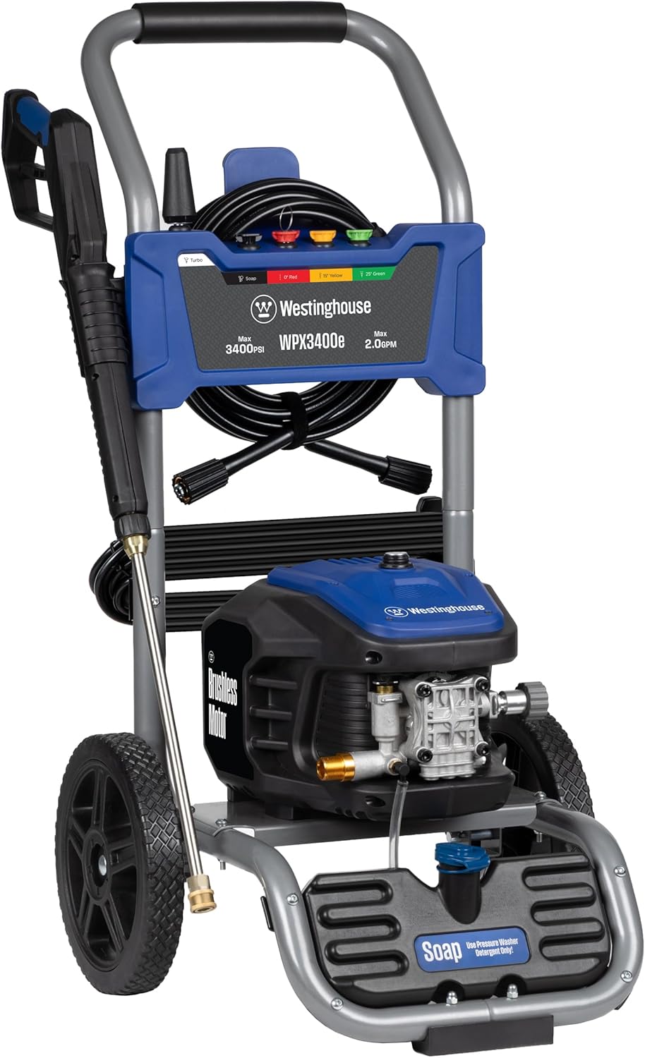 Westinghouse WPX3400e Electric Pressure Washer, 3400 Max PSI and 2.0 Max GPM, Brushless Motor, Onboard Soap Tank, Spray Gun and Wand, 5 Nozzle Set Westinghouse WPX3400e Electric Pressure Washer, 3400 Max PSI and 2.0 Max GPM, Brushless Motor, Onboard Soap Tank, Spray Gun and Wand, 5 Nozzle Set, for Cars/Fences/Driveways/Homes/Patios/Furniture