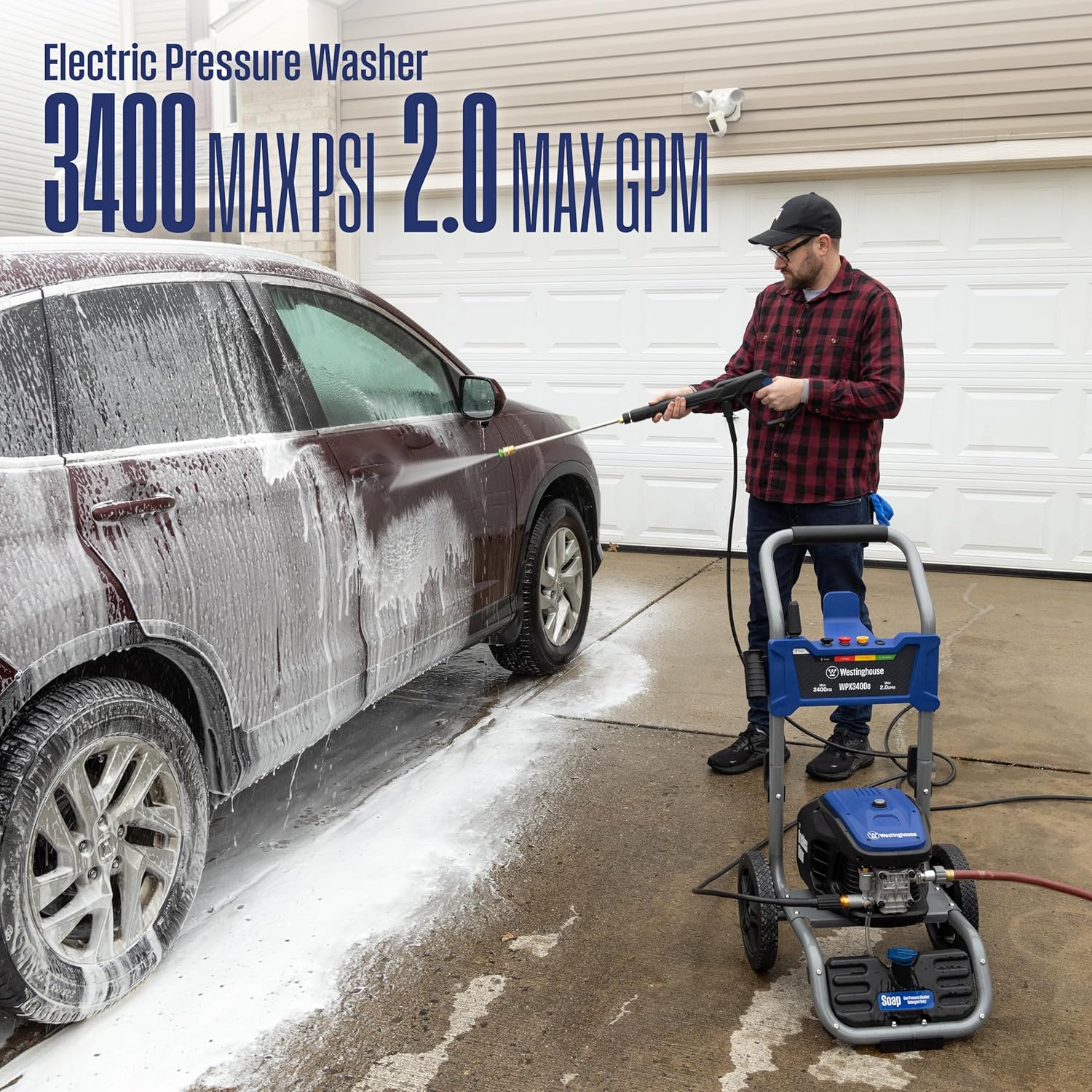 Westinghouse WPX3400e Electric Pressure Washer, 3400 Max PSI and 2.0 Max GPM, Brushless Motor, Onboard Soap Tank, Spray Gun and Wand, 5 Nozzle Set2