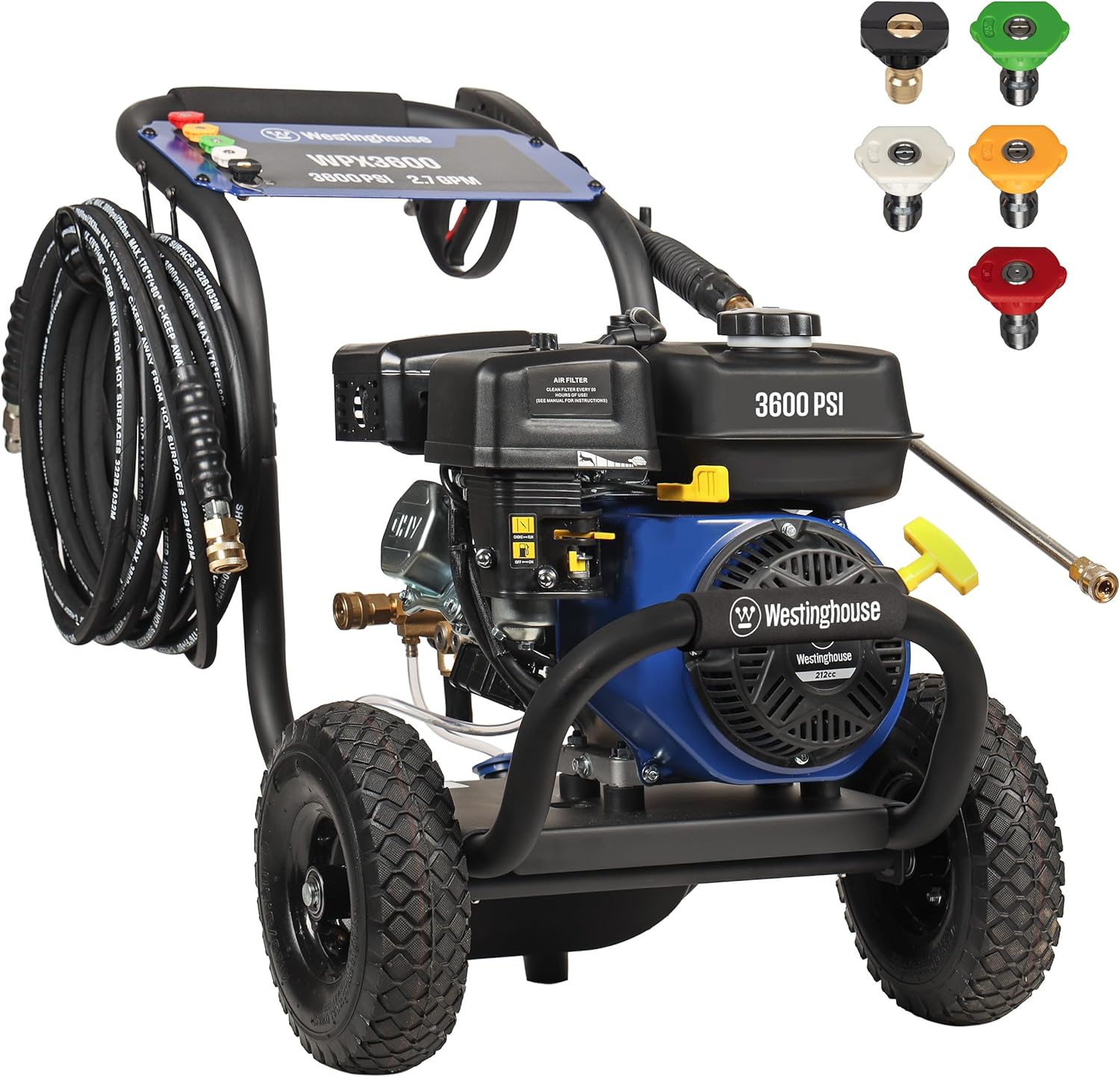 Westinghouse WPX3600 Gas Pressure Washer, 3600 PSI and 2.7 Max GPM, Onboard Soap Tank, Spray Gun and Wand, 5 Nozzle Set Westinghouse WPX3600 Gas Pressure Washer, 3600 PSI and 2.7 Max GPM, Onboard Soap Tank, Spray Gun and Wand, 5 Nozzle Set, for Cars/Fences/Driveways/Homes/Patios/Furniture