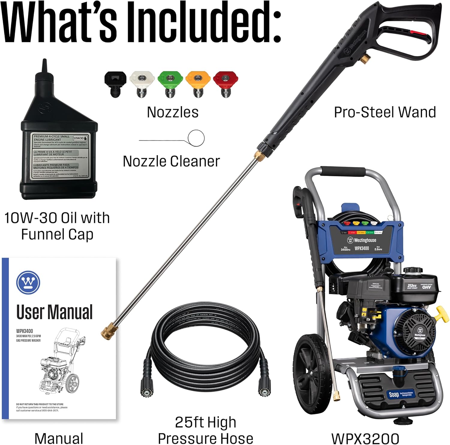 Westinghouse WPX3600 Gas Pressure Washer, 3600 PSI and 2.7 Max GPM, Onboard Soap Tank, Spray Gun and Wand, 5 Nozzle Set8