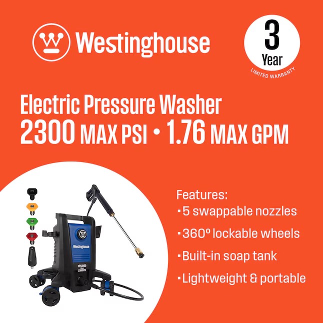 Westinghouse ePX3100 Onboard Soap Tank Includes 5 Nozzles 2300-PSI 1.76-GPM Cold Water Electric Pressure washer with 4 Spray Tips2_11zon