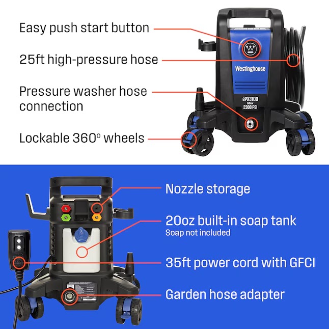 Westinghouse ePX3100 Onboard Soap Tank Includes 5 Nozzles 2300-PSI 1.76-GPM Cold Water Electric Pressure washer with 4 Spray Tips4_11zon
