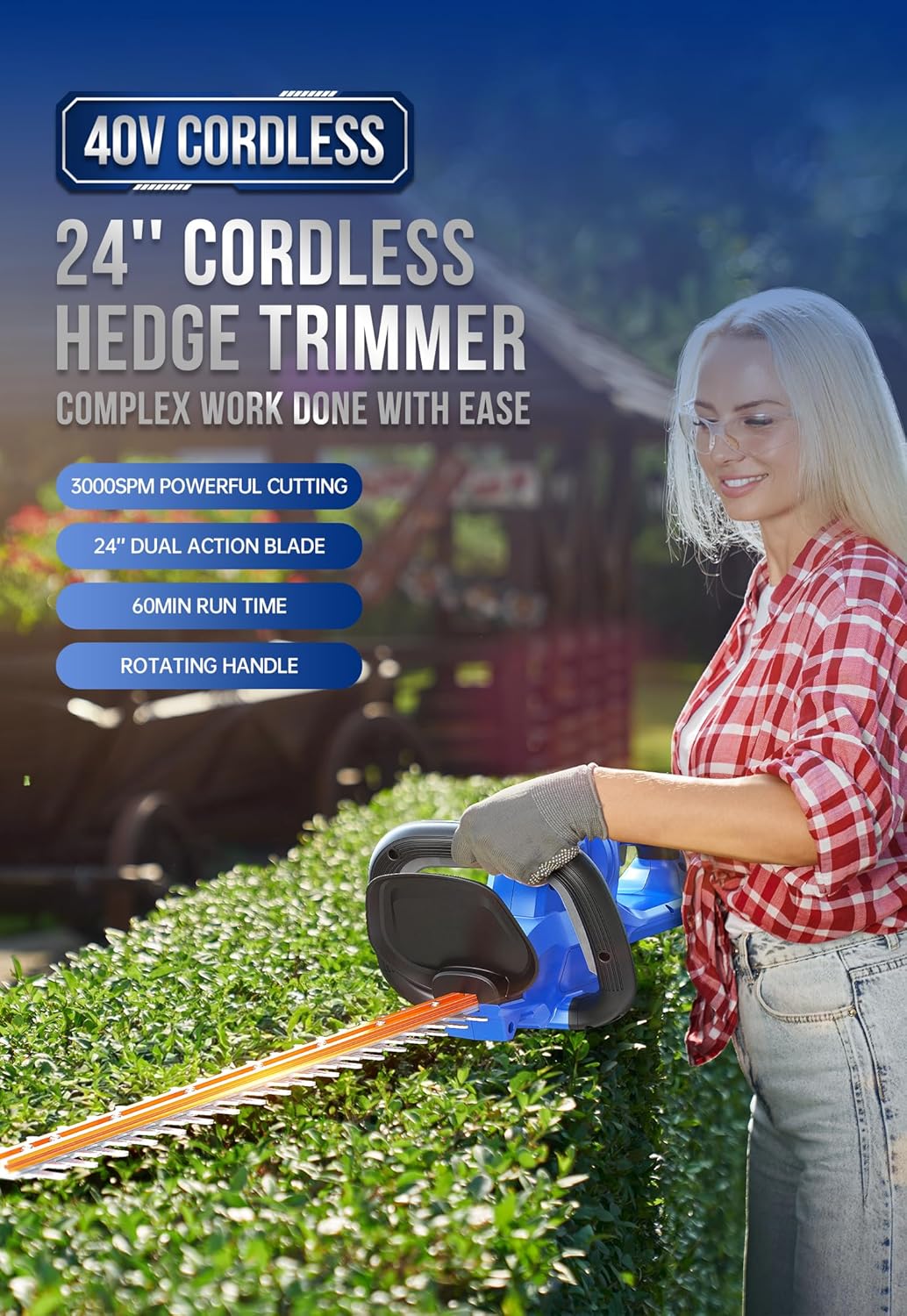 WildBadger Power WB40VHT24 Hedge Trimmer 40V 24 Cordless, Powerful Electric Hedge Trimmer, 2.0Ah Battery and Charger Included1