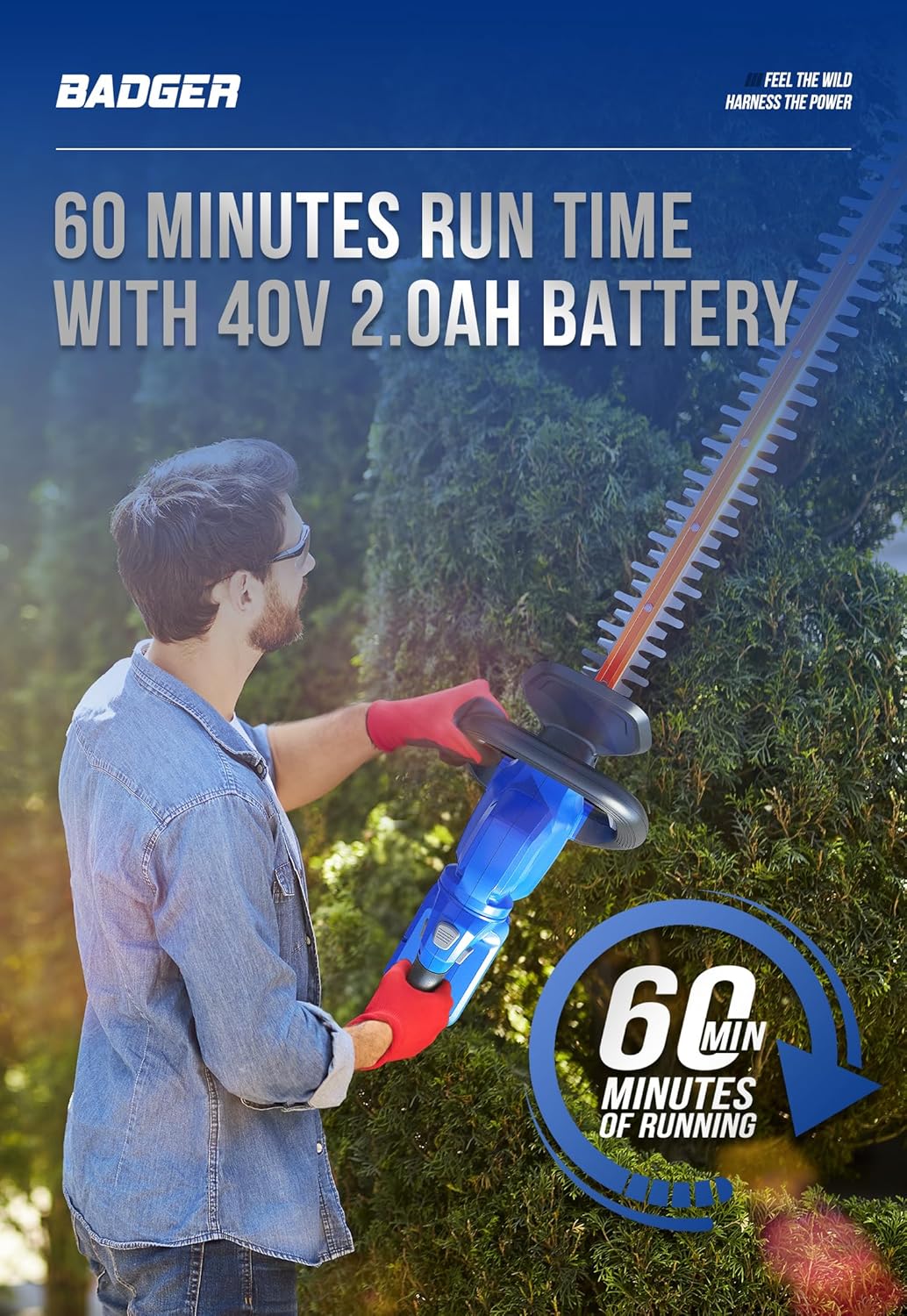 WildBadger Power WB40VHT24 Hedge Trimmer 40V 24 Cordless, Powerful Electric Hedge Trimmer, 2.0Ah Battery and Charger Included6