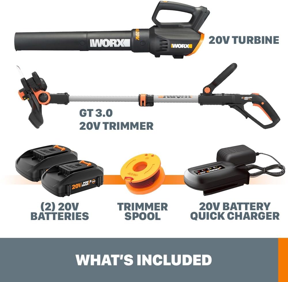 Worx 20V String Trimmer Cordless & Edger 3.0 + Leaf Blower Cordless with Battery and Charger Turbine, Black and Orange9