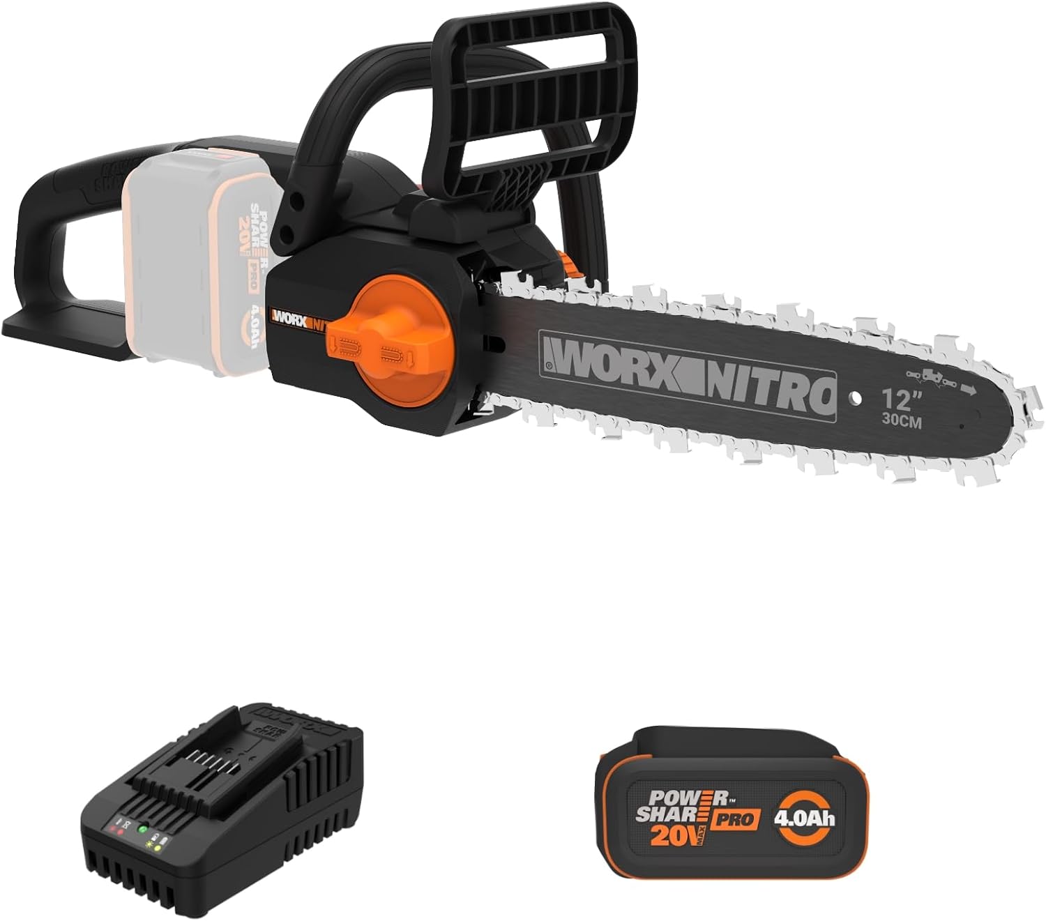 Worx Nitro 20V 12 Cordless Brushless Chainsaw 4.0 Ah Battery and Charger Included WG350 Worx Nitro 20V 12" Cordless Brushless Chainsaw 4.0 Ah Battery and Charger Included WG350