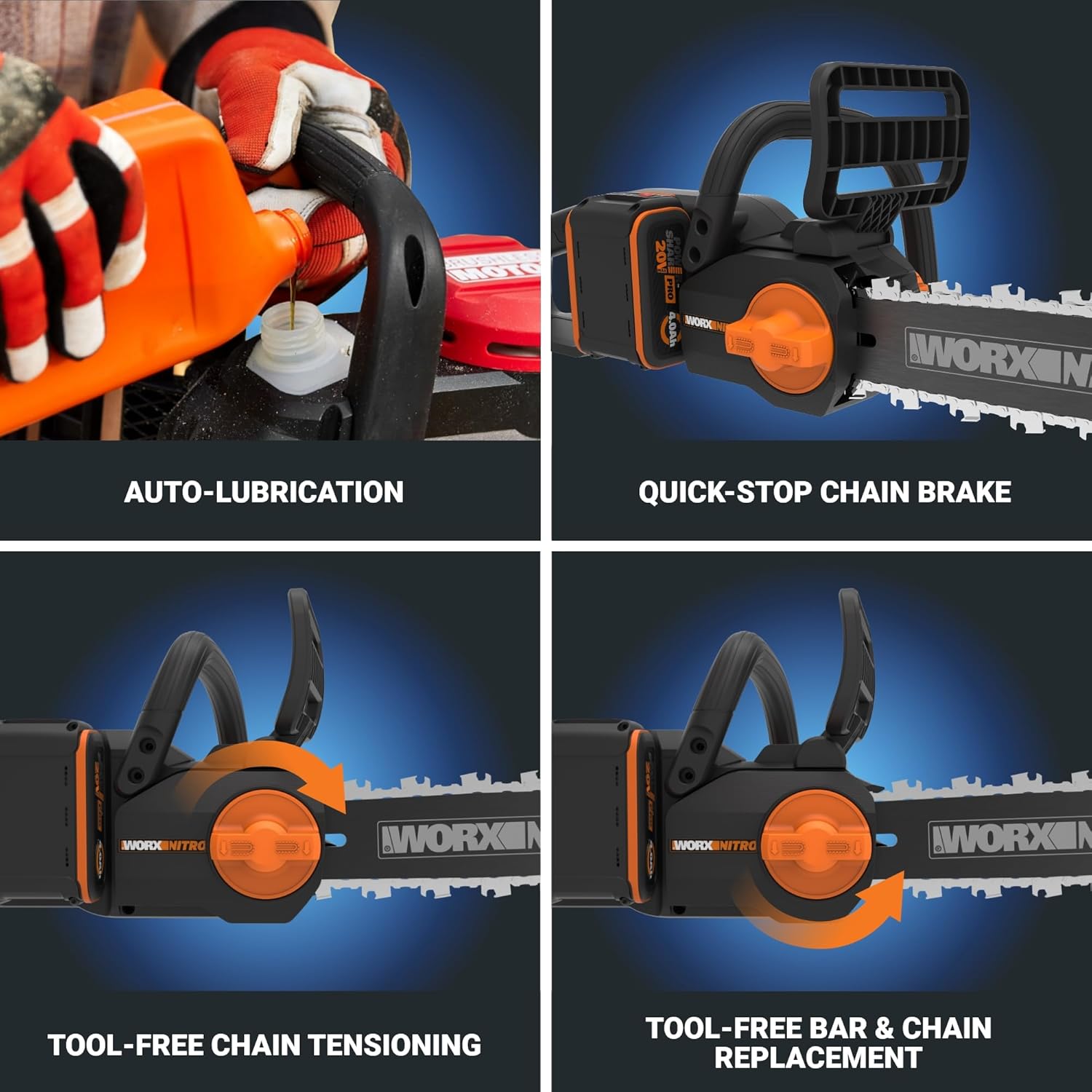 Worx Nitro 20V 12 Cordless Brushless Chainsaw 4.0 Ah Battery and Charger Included WG3500