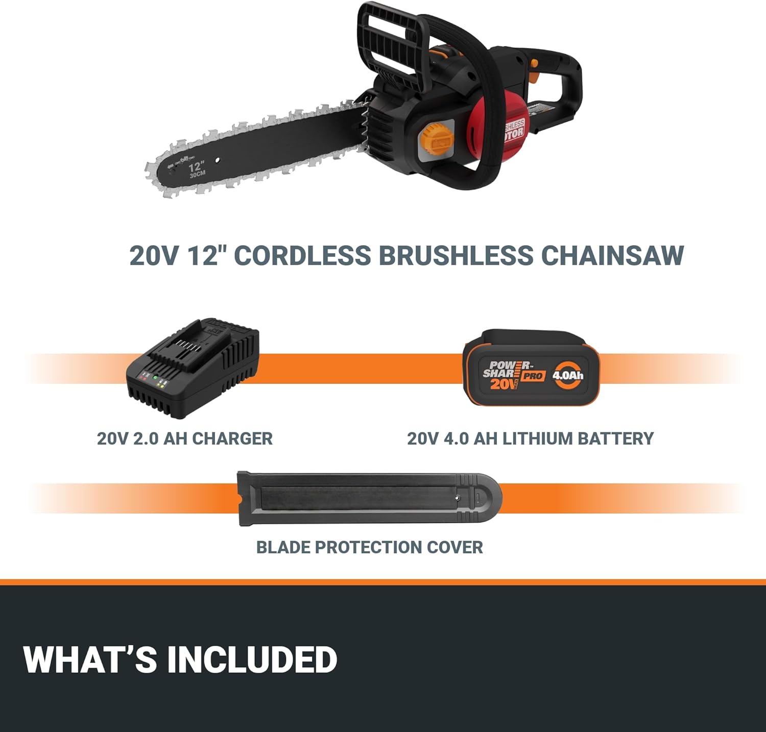 Worx Nitro 20V 12 Cordless Brushless Chainsaw 4.0 Ah Battery and Charger Included WG35011