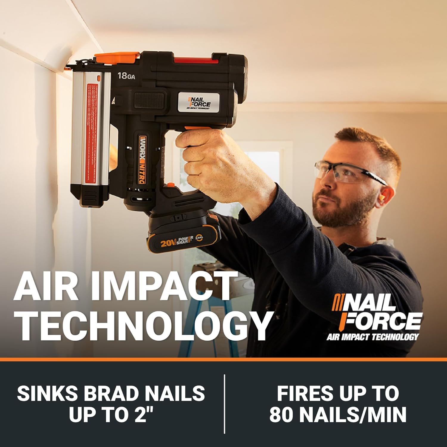 Worx Nitro 20V 18GA Cordless Brad Nailer, Cordless Nail Gun, Nail Gun Battery Powered, Up to 2 Inch, Tool-Free Jam Release, Trimming & Molding, Baseboard WX842L PowerShare – Battery, Charger Included1