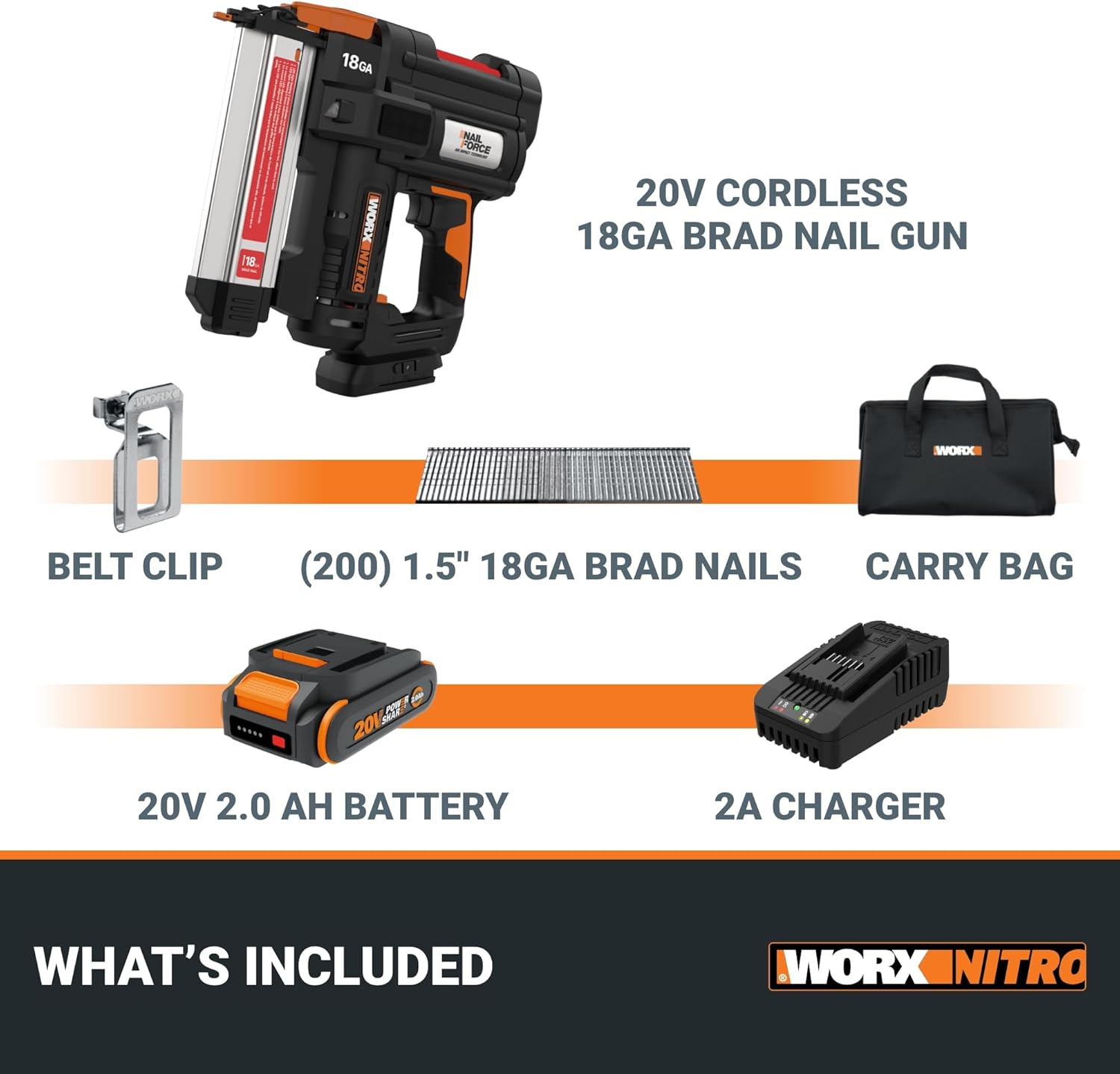 Worx Nitro 20V 18GA Cordless Brad Nailer, Cordless Nail Gun, Nail Gun Battery Powered, Up to 2 Inch, Tool-Free Jam Release, Trimming & Molding, Baseboard WX842L PowerShare – Battery, Charger Included13