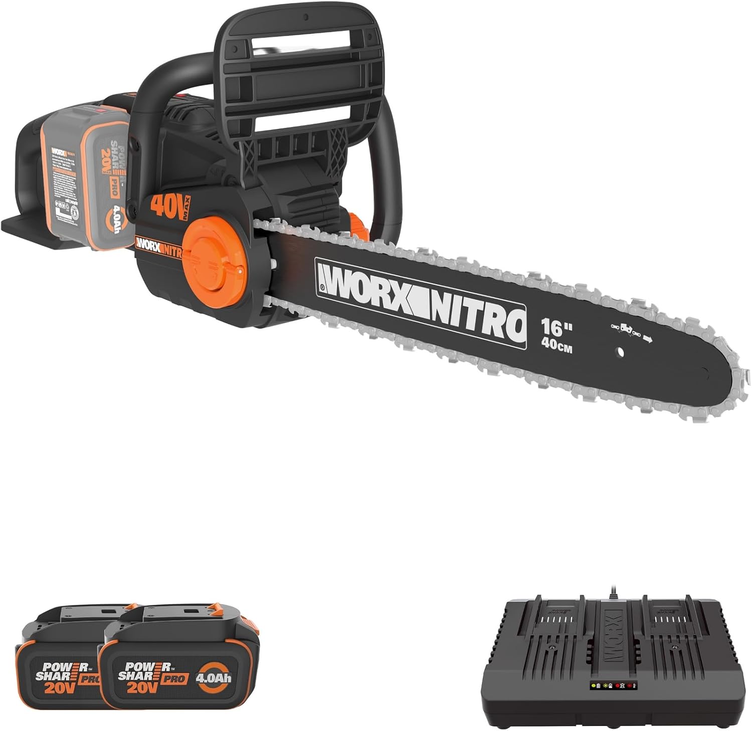 Worx Nitro 40V 16 Cordless Brushless Chainsaw 4.0 Ah Battery and Charger Included WG385 Worx Nitro 40V 16" Cordless Brushless Chainsaw 4.0 Ah Battery and Charger Included WG385