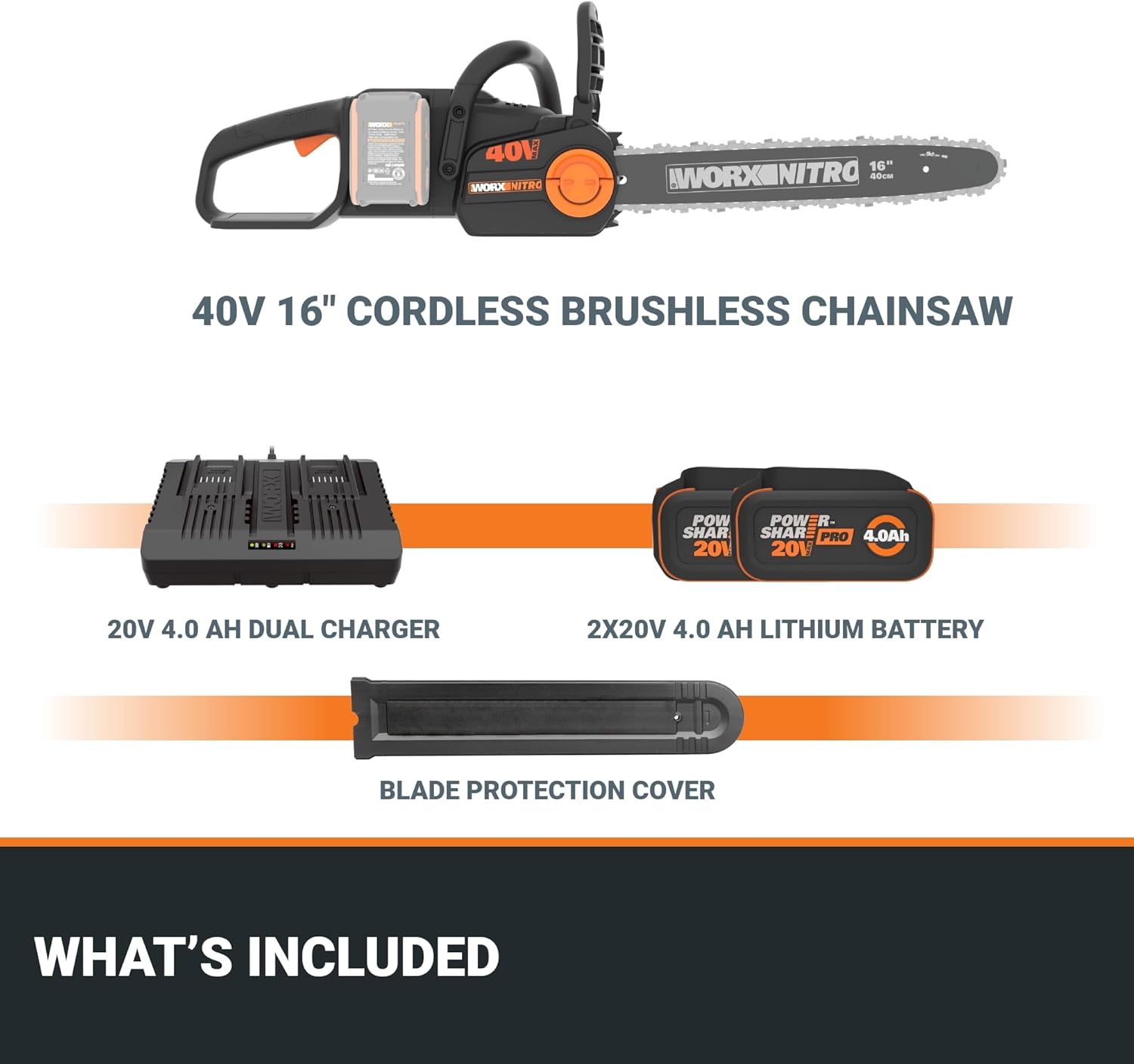 Worx Nitro 40V 16 Cordless Brushless Chainsaw 4.0 Ah Battery and Charger Included WG3850