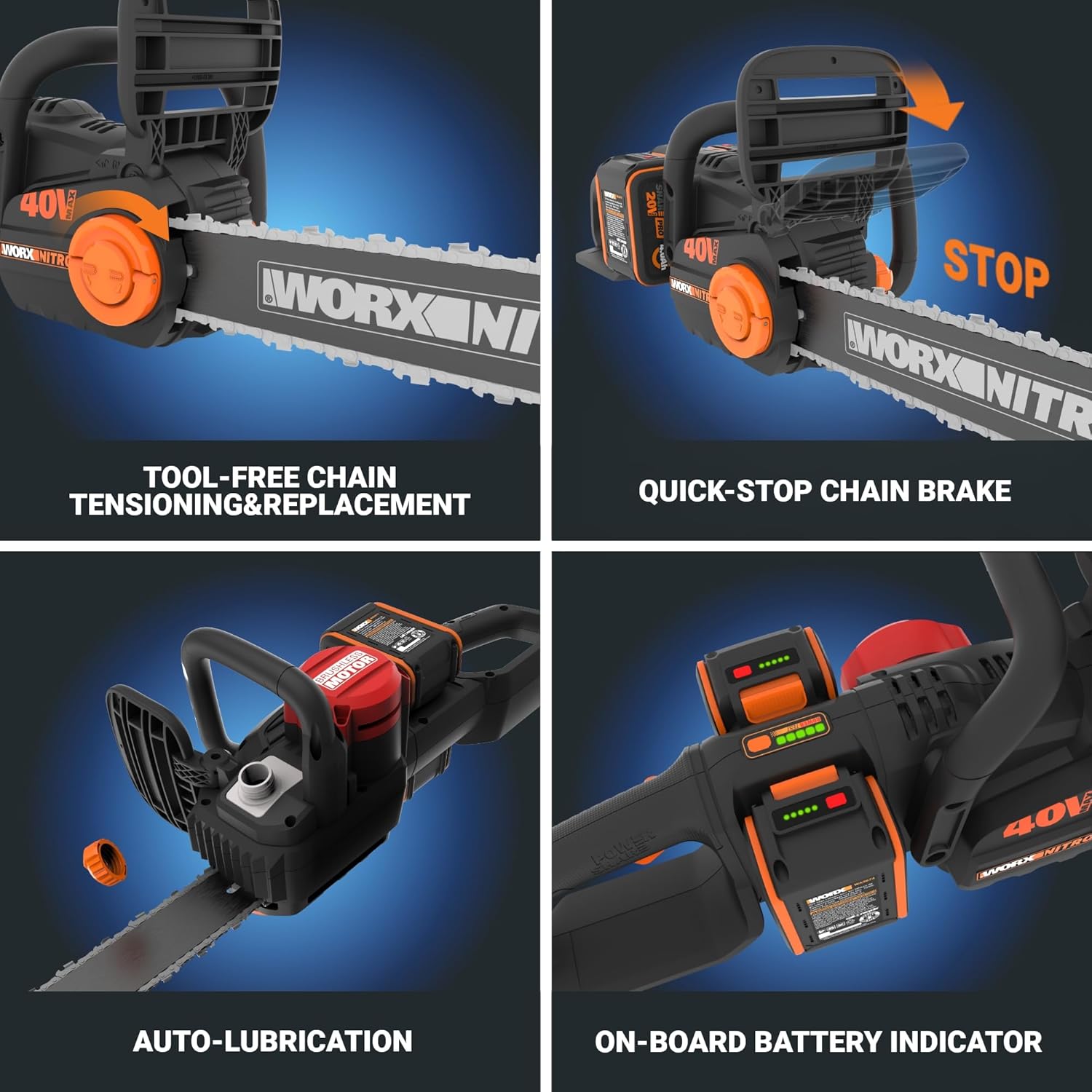 Worx Nitro 40V 16 Cordless Brushless Chainsaw 4.0 Ah Battery and Charger Included WG3859