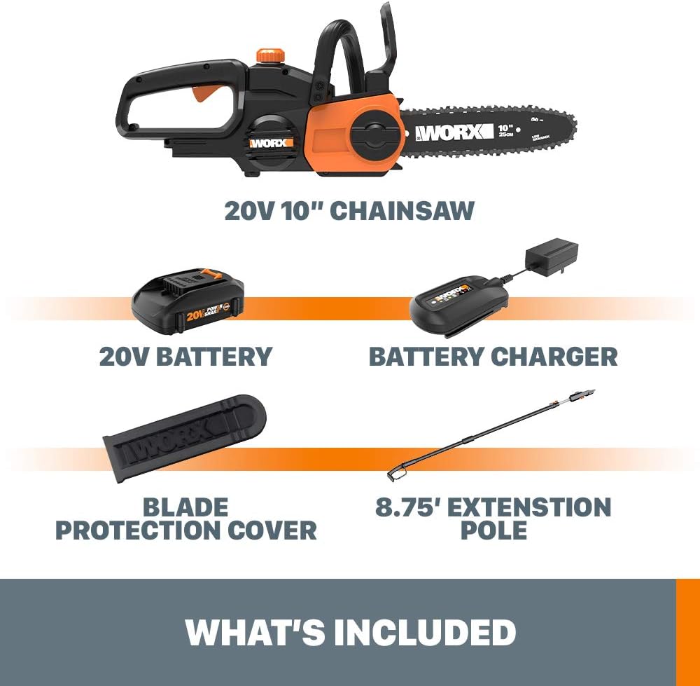 Worx WG323 20V Power Share 10 Cordless Pole Chain Saw with Auto-Tension (Battery & Charger Included)2