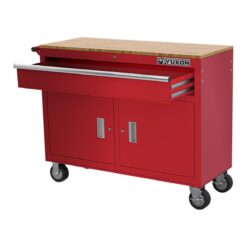YUKON 46 in. Mobile Workbench with Solid Wood Top, Red
