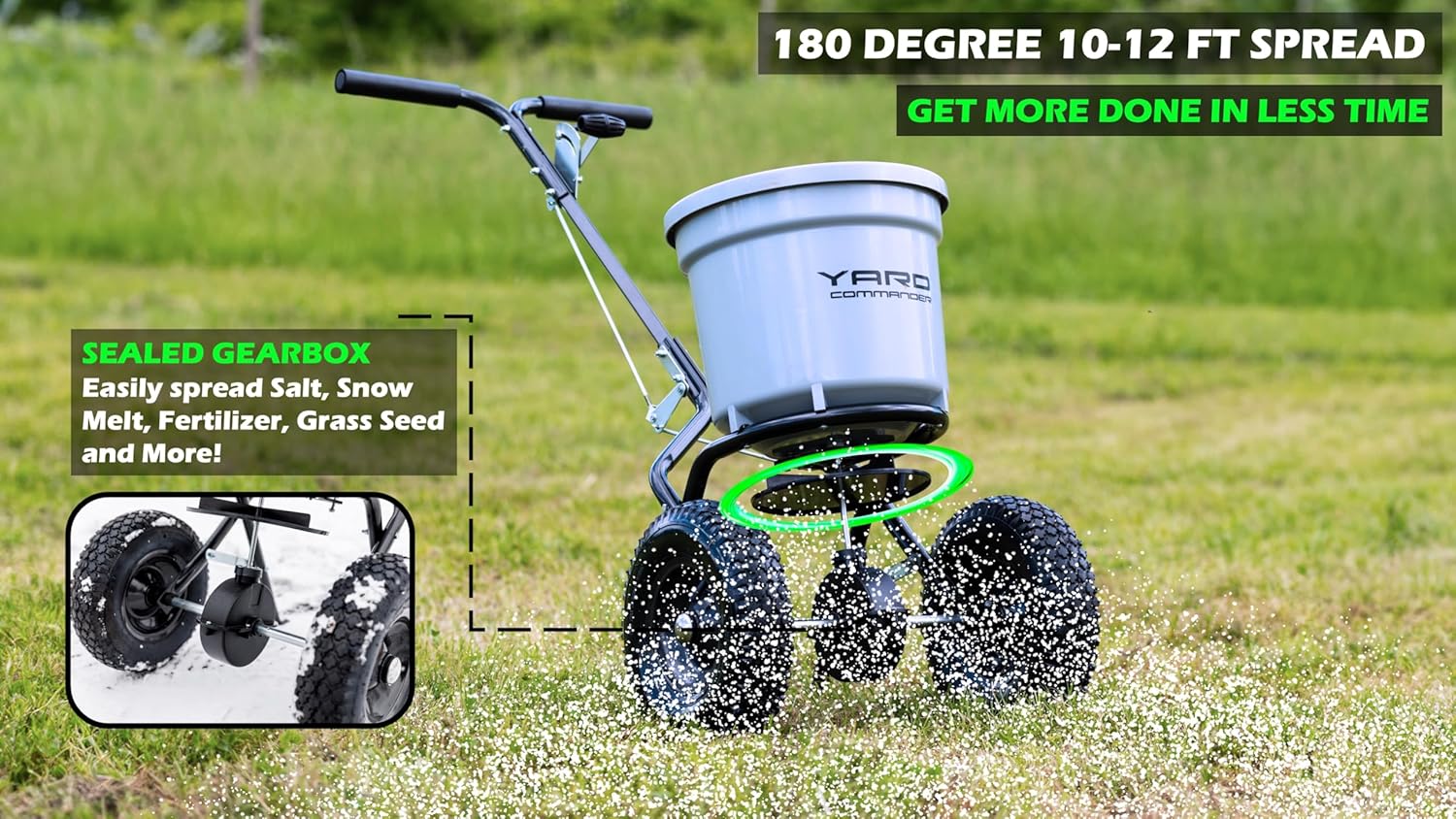 Yard Commander - Commercial 50-Pound Walk-Behind Push Broadcast Spreader - 10-12 Foot Spread Fertilizer, Salt & Grass Seed - Clog Free Design - Fully Enclosed Gear Box - Adjustable Drop Rate2