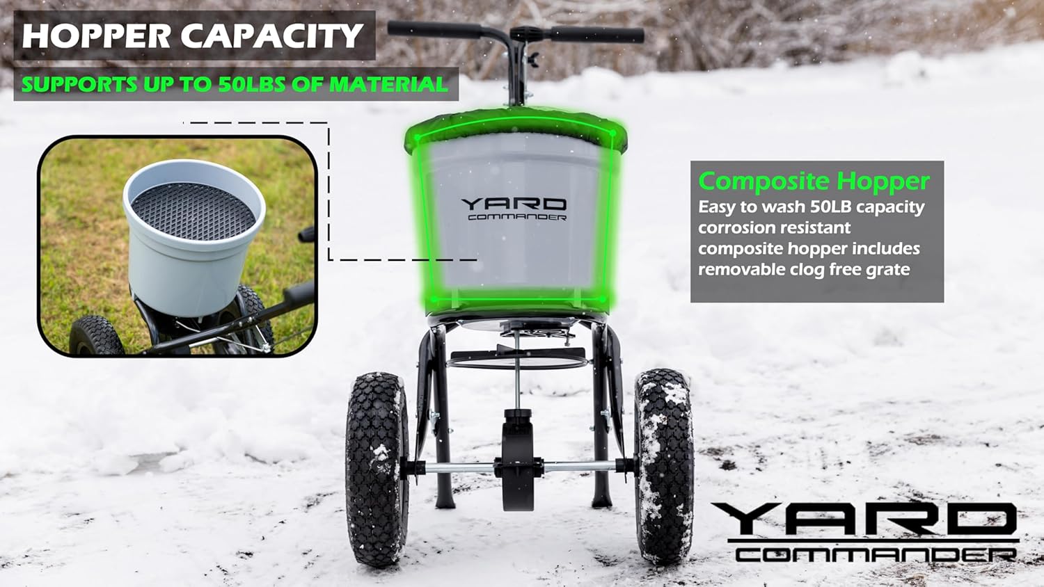 Yard Commander - Commercial 50-Pound Walk-Behind Push Broadcast Spreader - 10-12 Foot Spread Fertilizer, Salt & Grass Seed - Clog Free Design - Fully Enclosed Gear Box - Adjustable Drop Rate5
